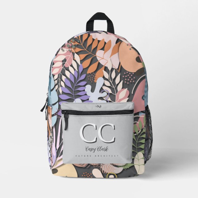 Gedruckter Rucksack: Abstrakte Blätter (grau) Bedruckter Rucksack (Vorderseite)