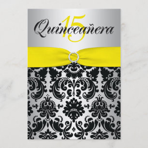 GEDRUCKTES RIBBON Gelbes Silberschwarzes Quinceane Einladung