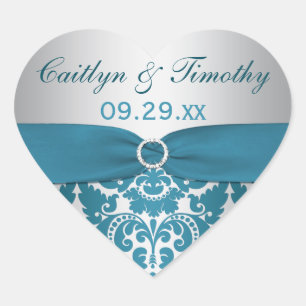 GEDRUCKTES RIBBON-Silber, Aquamarin Damask-Hochzei Herz-Aufkleber