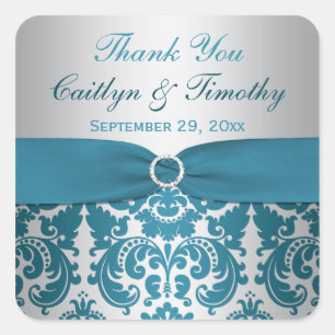 GEDRUCKTES RIBBON-Silber, Aquamarin Damask-Hochzei Quadratischer Aufkleber