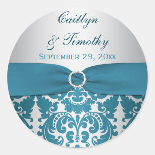 GEDRUCKTES RIBBON-Silber, Aquamarin Damask-Hochzei Runder Aufkleber