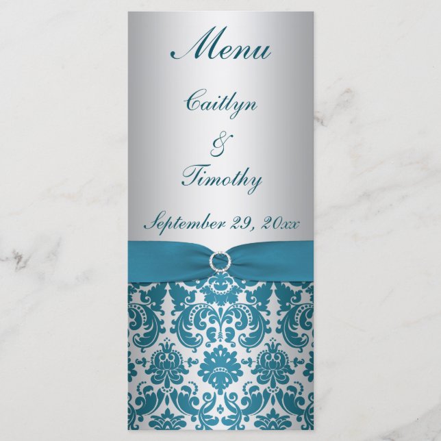 GEDRUCKTES RIBBON-Silber, Aquamarine Speisekarte Menükarte (Vorderseite)