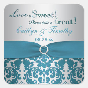GEDRUCKTES RIBBON-Silber, Aquamarines Damask Candy Quadratischer Aufkleber