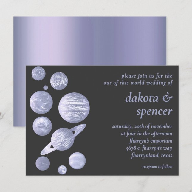 Geek Chic Wedding | Dusty Lavender Lila Planeten Einladung (Vorne/Hinten)