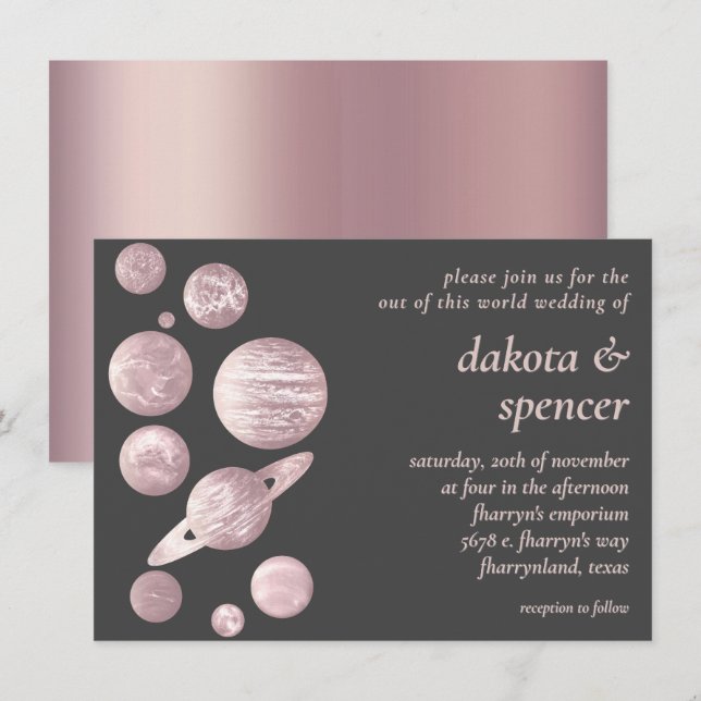 Geek Chic Wedding | Mauve Pink Grey Solar System Einladung (Vorne/Hinten)