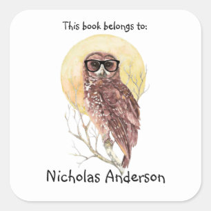 Geek Hipster Owl in Brille Cooles Buchzeichen Quadratischer Aufkleber