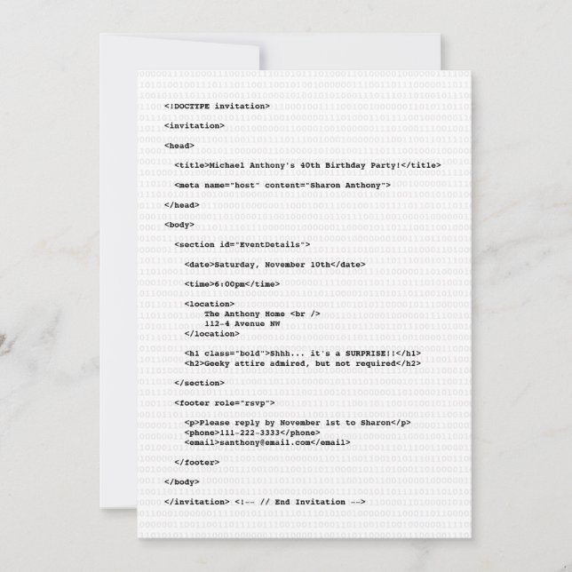 Geek Programmer HTML Code Anniversaire Invitation (Devant)