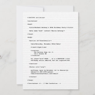 Geek Programmer HTML Code Anniversaire Invitation