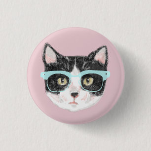 Geeky Black & White Hipster Cat Wearing Brillen Button