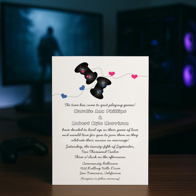 Geeky Gamers Wedding Invitation Dark (blau/rosa) Einladung (Dark Blue and Pink Geeky Gamers Wedding Invitation)