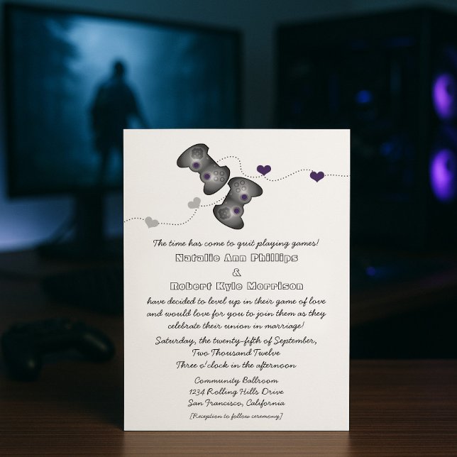 Geeky Gamers Wedding Invitation (Silver/Lila) Einladung (Silver Purple Geeky Gamers Wedding Invitation)