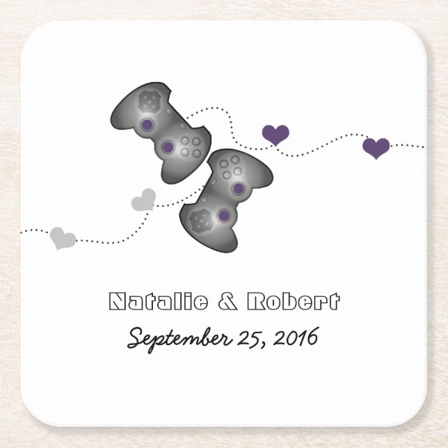 Geeky Gamers Wedding Paper Untersetzer Silver Lila (Vorderseite)