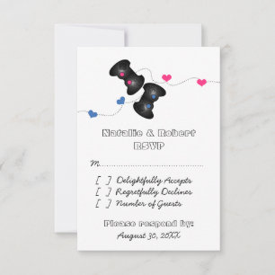 Geeky Gamers Wedding Response Card Dark, Blue/Pink RSVP Karte