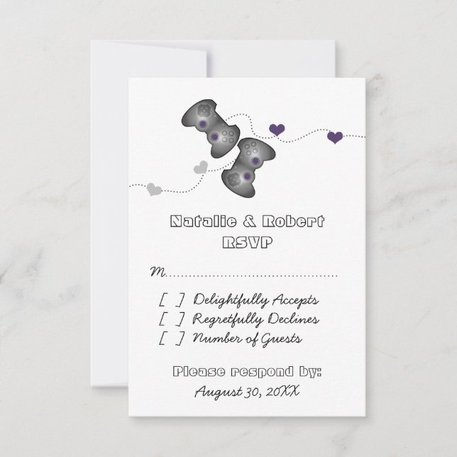 Geeky Gamers Wedding Response Card (Silber/Lila) RSVP Karte (Vorderseite)