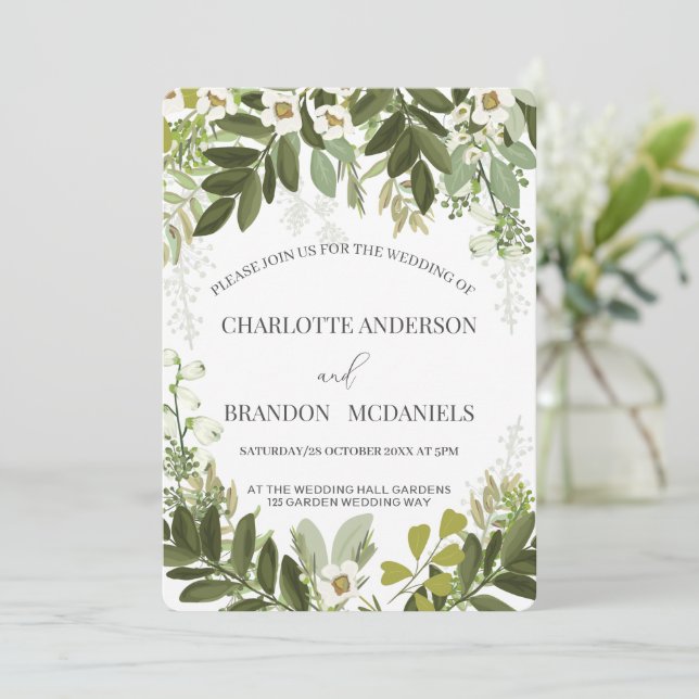 Geen Blätter Timeles Botanische Hochzeit Einladung (Stehend Vorderseite)