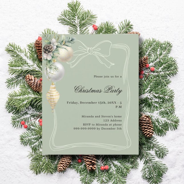 Geen gold baubles bow Christmas Party invitation (Von Creator hochgeladen)