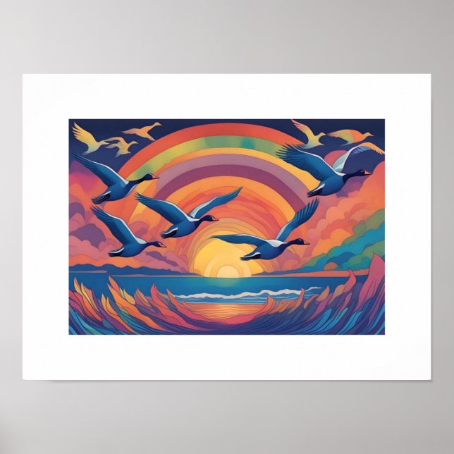 Geese Over Beach bei Sunrise Poster (Vorne)