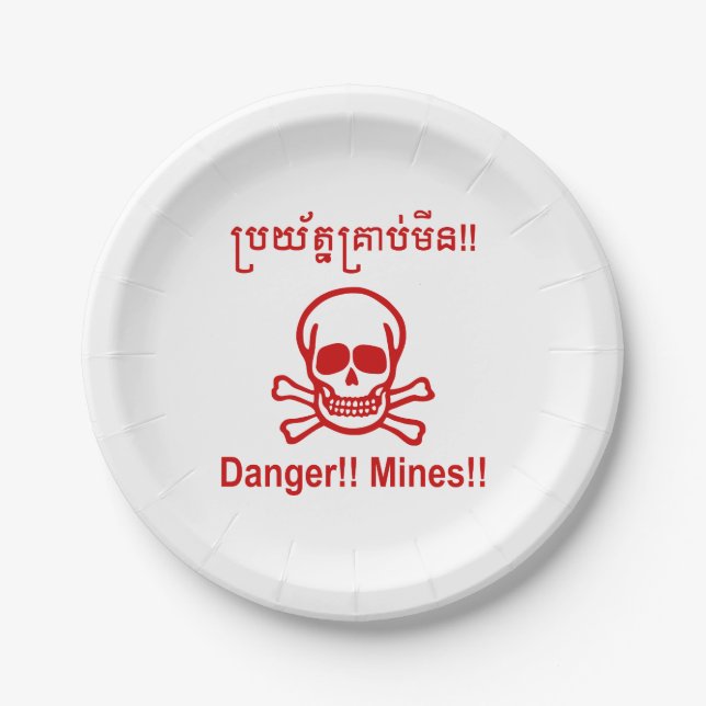 Gefahr! Minen! ☠ Cambodian Khmer Sign ☠ Pappteller (Vorderseite)