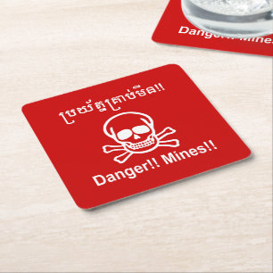 Gefahr! Minen! ☠ Cambodian Khmer Sign ☠ Rechteckiger Pappuntersetzer