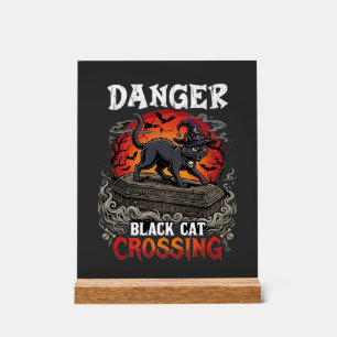 Gefahr Schwarze Katze überquert Halloween Hexenhut Acrylschild