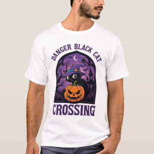 Gefahr Schwarze Katze überquert Halloween Kürbis H T-Shirt