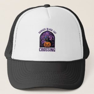 Gefahr Schwarze Katze überquert Halloween Kürbis H Truckerkappe