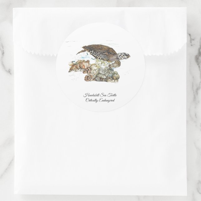 Gefährdete handbemalte Hawksbill-Schildkröte Runder Aufkleber (Tasche)