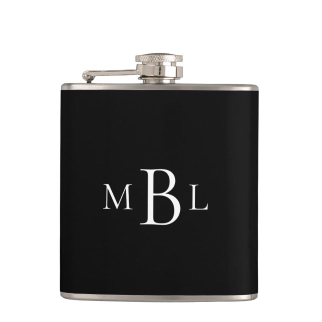 Gefallen Bachelor Party White Monogram Black Flask Flachmann (Vorderseite)