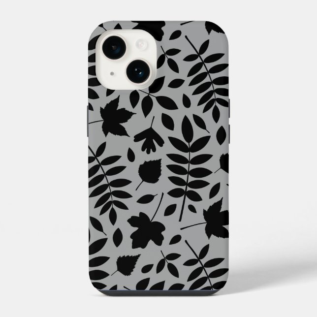 Gefallene Blätter Lg Muster Schwarz auf Grau iPhone 14 Hülle (Rückseite)