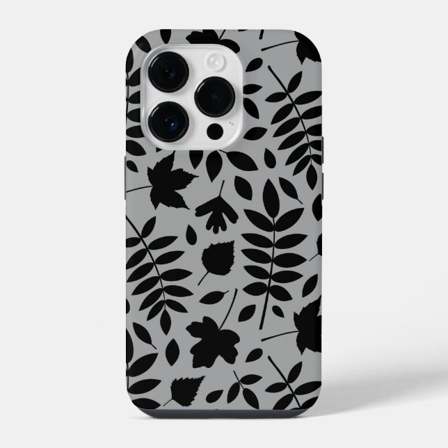 Gefallene Blätter Lg Muster Schwarz auf Grau iPhone 14 Pro Hülle (Rückseite)