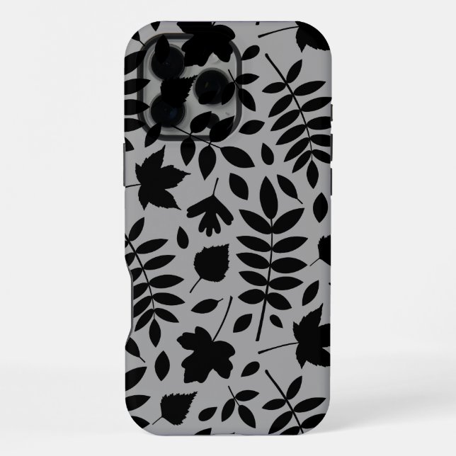 Gefallene Blätter Lg Muster Schwarz auf Grau iPhone 16 Pro Max Hülle (Rückseite)
