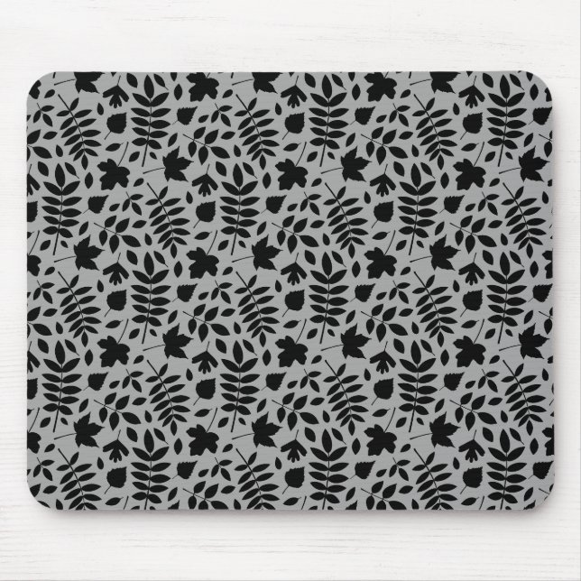 Gefallene Blätter Rpt Pattern Schwarz auf Grau Mousepad (Vorne)