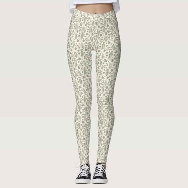 Gefallene Blätter Sml-Muster Grün auf Cream Leggings (Vorderseite)