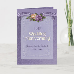 Gefaltete Damastrosen Lila 15. Hochzeitstag Karte