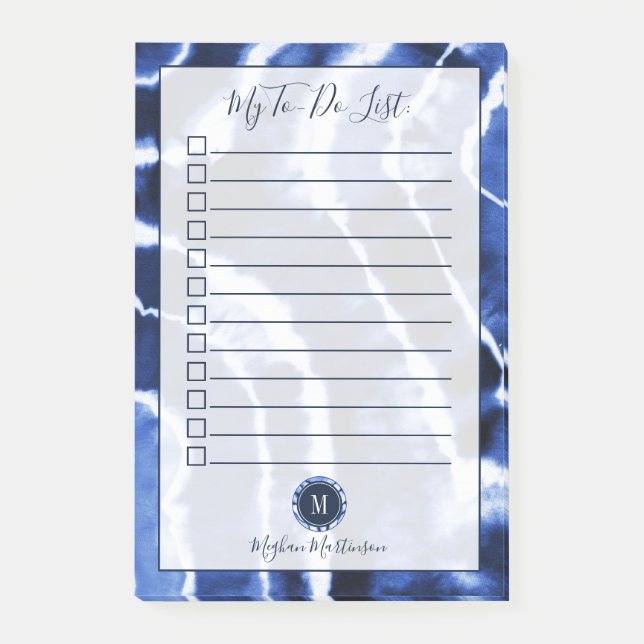 Gefärbte Krawatte-Aquarellfarbenmonogramm für blau Post-it Klebezettel (Vorderseite)