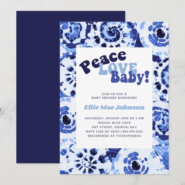 gefärbte Krawatte Blue Shibori Peace Liebe Babydus Einladung (Vorne/Hinten)