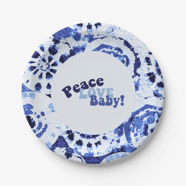 gefärbte Krawatte Blue Shibori Peace Liebe Babydus Pappteller (Vorderseite)