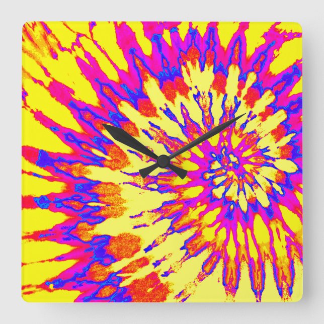 Gefärbte Krawatte Gelb, Rosa und Blau Quadratische Wanduhr (Vorderseite)