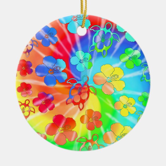 gefärbte Krawatte Honu und Hibiskus Keramik Ornament (Vorne)