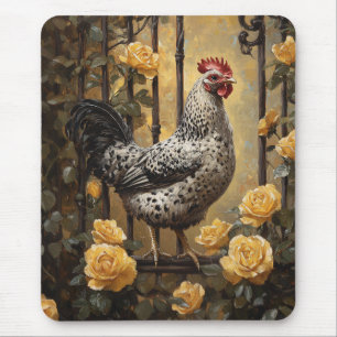 Geflecktes Huhn mit gelben Rosen Ölgemälde Mousepad