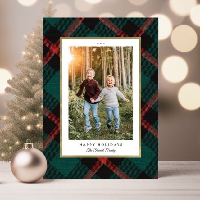 Geflochtener Karierter Foto Urlaub in Rot und Grün Karte (Folded Red and Green Plaid Happy Holidays Photo Card)