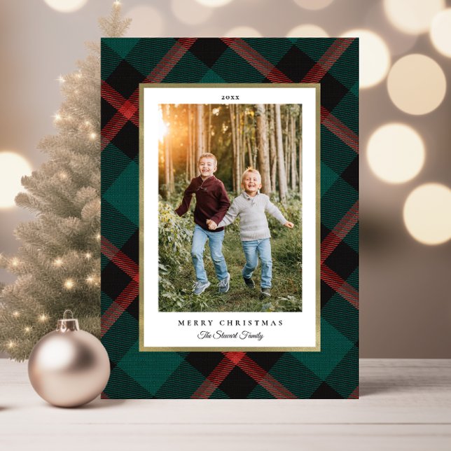 Geflochtenes Kariertes Foto in Rot und Grün Karte (Folded Red and Green Plaid Christmas Photo Card)