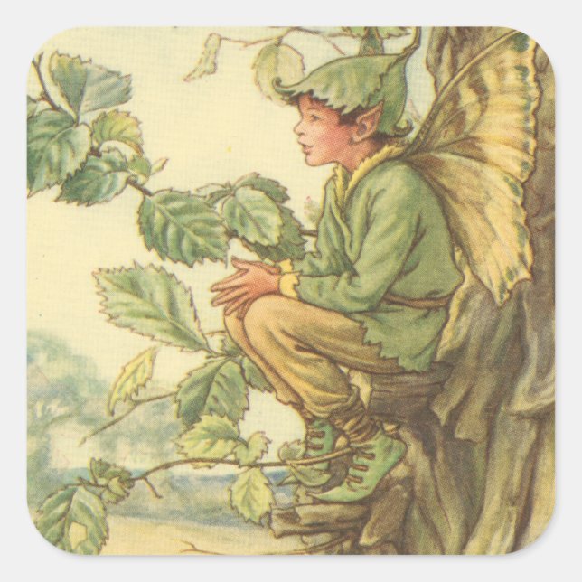 Geflügel-Elm-Fee in einem Baum Quadratischer Aufkleber (Vorderseite)