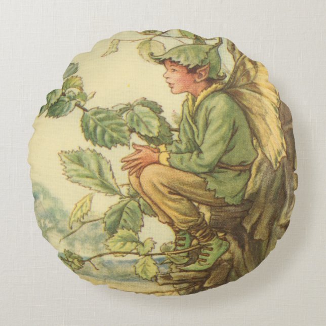 Geflügel-Elm-Fee in einem Baum Rundes Kissen (Vorderseite)