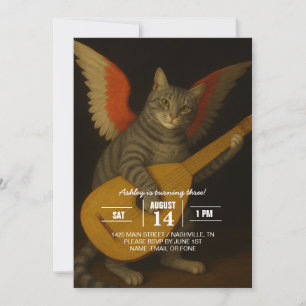 Geflügelte Musikerkatze, die Lauten-Kunst spielt Einladung
