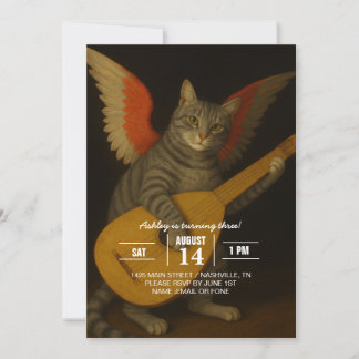 Geflügelte Musikerkatze, die Lauten-Kunst spielt Einladung