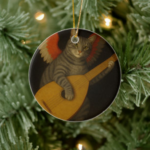 Geflügelte Musikerkatze, die Lauten-Kunst spielt Keramik Ornament