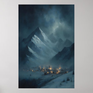 Gefrorenes schneebedecktes Bergdorf unter schneebe Poster