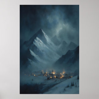 Gefrorenes schneebedecktes Bergdorf unter schneere Poster