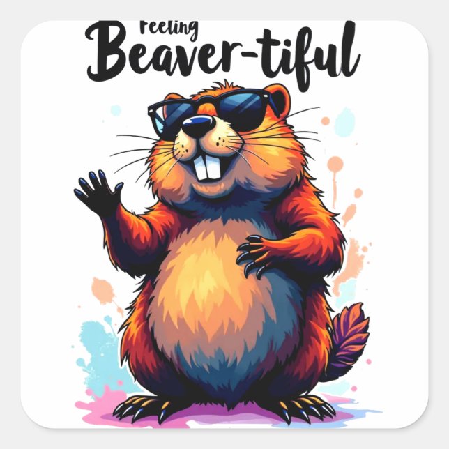 Gefühl Schön - Funny Beaver Grafik Quadratischer Aufkleber (Vorderseite)